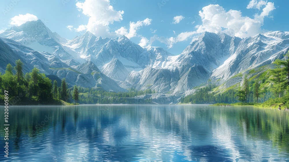 Scenic mountain landscape with a serene lake and blue sky, tranquil and breathtaking. Scenic mountain landscape with a serene lake and blue sky, tranquil and breathtaking.