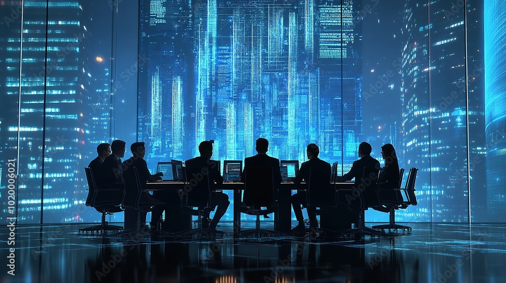 Business Meeting in Futuristic Urban Environment