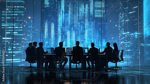 Business Meeting in Futuristic Urban Environment