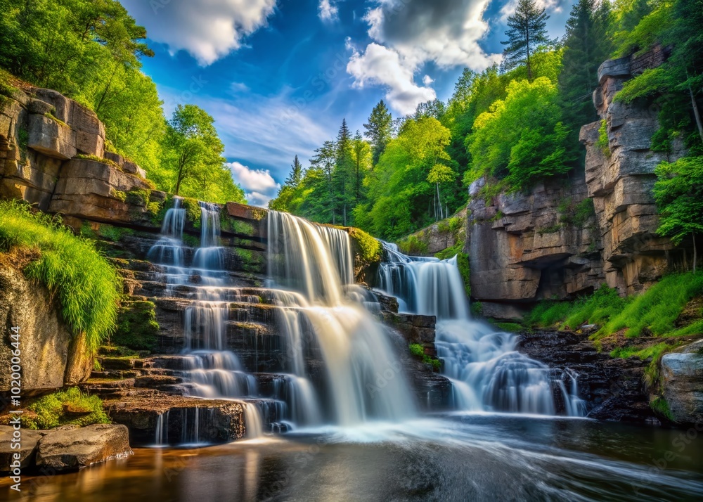 Fototapeta premium Stunning Marinette Waterfalls Cascading Over Rocky Cliffs in a Lush Green Forest Landscape