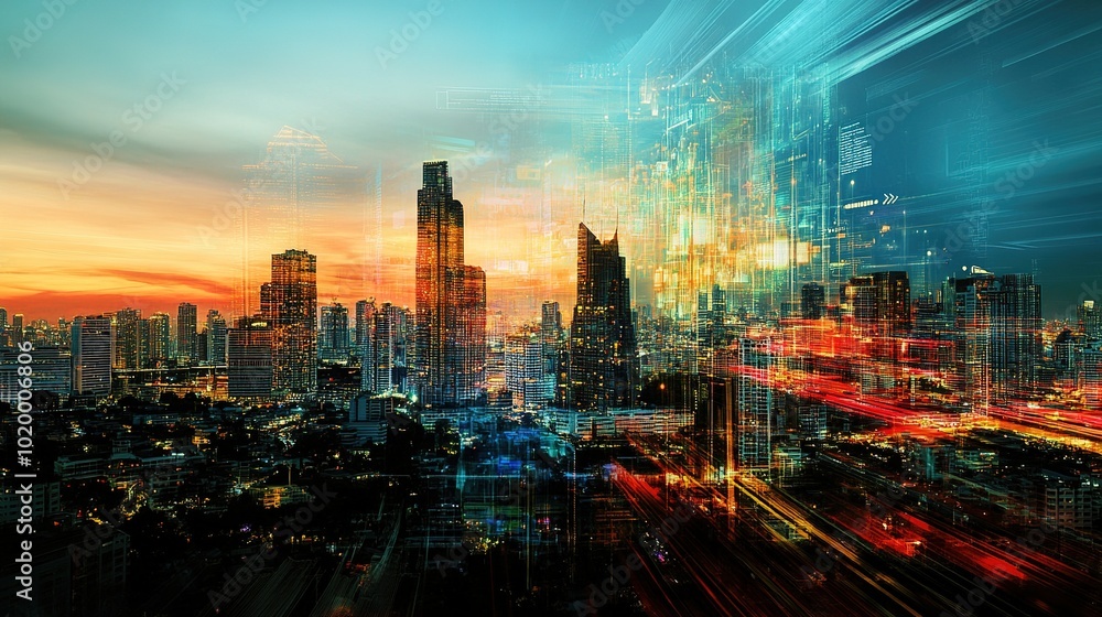 Fototapeta premium Modern Cityscape with Dynamic Abstract Elements