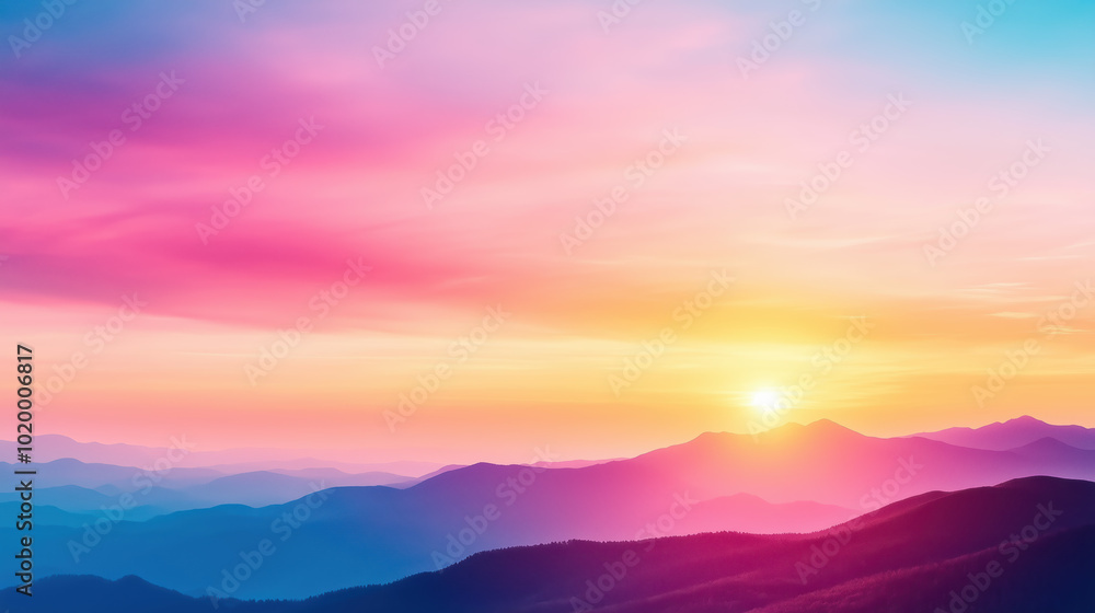 Breathtaking sunset over mountains, showcasing vibrant pink, purple, and blue hues in sky. serene landscape evokes sense of peace and tranquility Breathtaking sunset over mountains, showcasing vibrant pink, purple, and blue hues in sky. serene landscape evokes sense of peace and tranquility