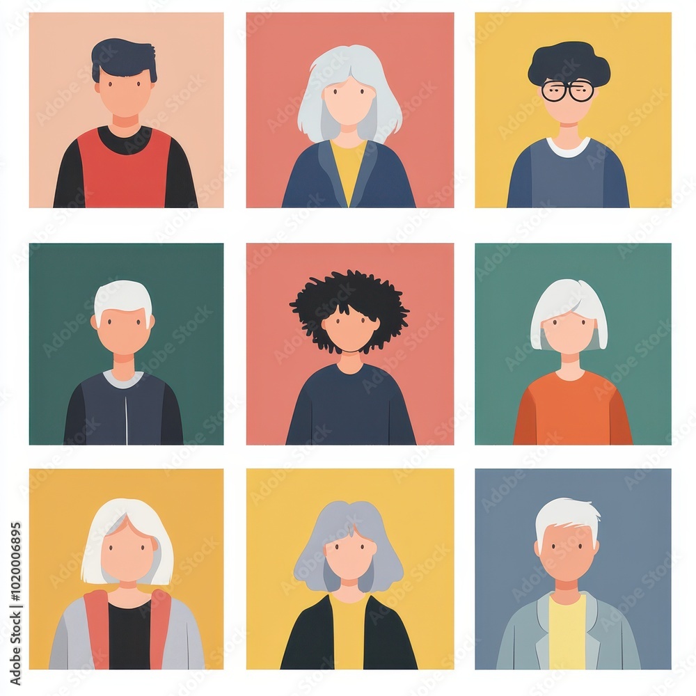 A diverse collection of illustrated portraits showcasing different hairstyles, expressions, and styles in a colorful grid. A diverse collection of illustrated portraits showcasing different hairstyles, expressions, and styles in a colorful grid.