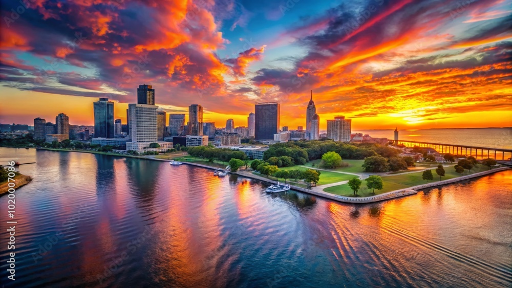Fototapeta premium Stunning Milwaukee Skyline at Sunset with Vibrant Colors Reflecting on Lake Michigan's Surface