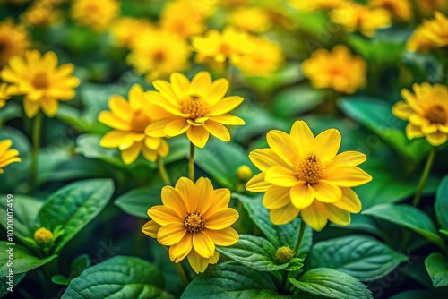 Background of yellow flowers on green leaves in wide-angle view