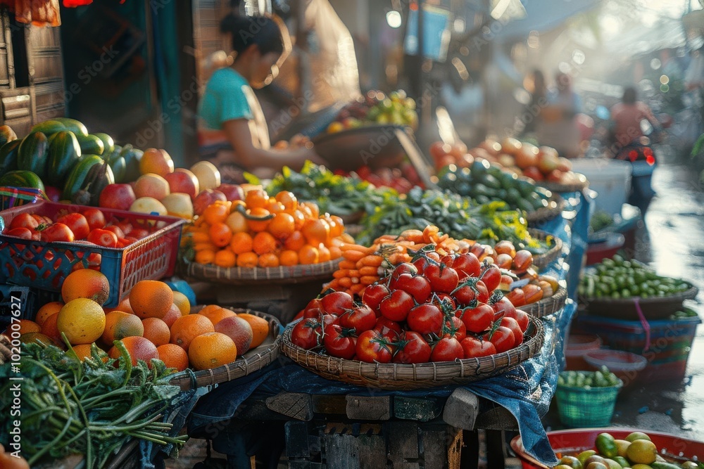Vibrant market scene with a variety of fresh fruits and vegetables displayed on stalls. Vibrant market scene with a variety of fresh fruits and vegetables displayed on stalls.