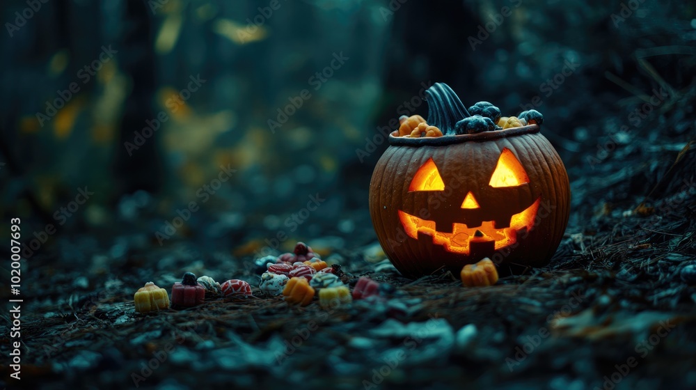 Halloween themed micro stock image with spooky pumpkin in a dark forest featuring copy space and various sweets in a pumpkin pot Halloween themed micro stock image with spooky pumpkin in a dark forest featuring copy space and various sweets in a pumpkin pot
