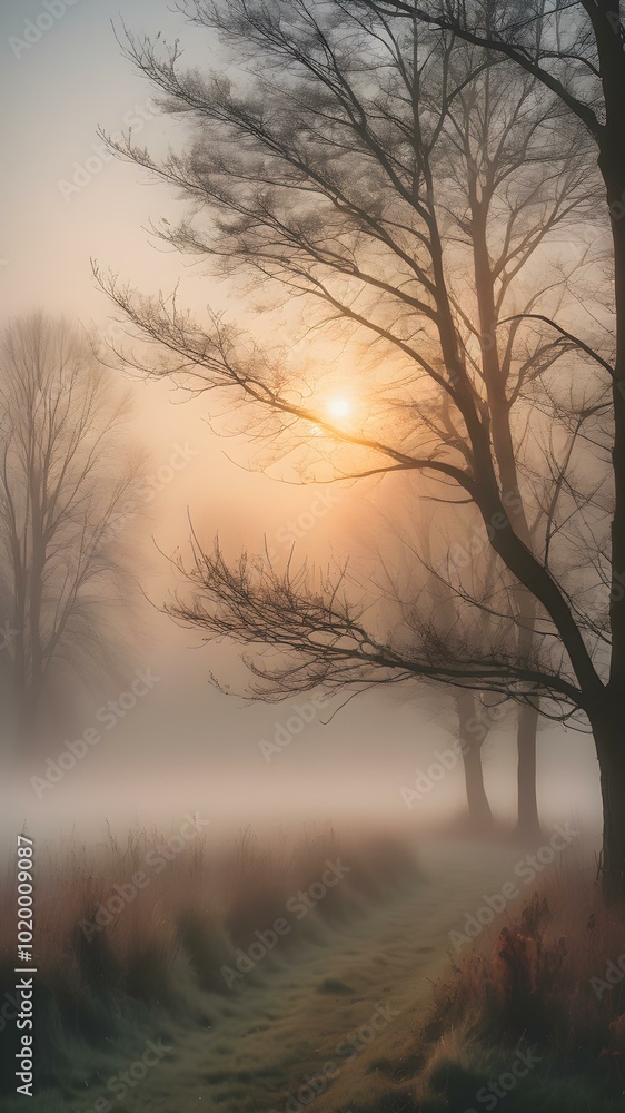 Obraz premium A quiet morning with a misty sky, the sun rising slowly and casting a gentle glow through the fog, creating an ethereal atmosphere 