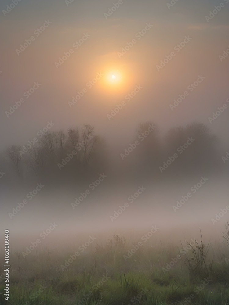 A quiet morning with a misty sky, the sun rising slowly and casting a gentle glow through the fog, creating an ethereal atmosphere
A quiet morning with a misty sky, the sun rising slowly and casting a gentle glow through the fog, creating an ethereal atmosphere