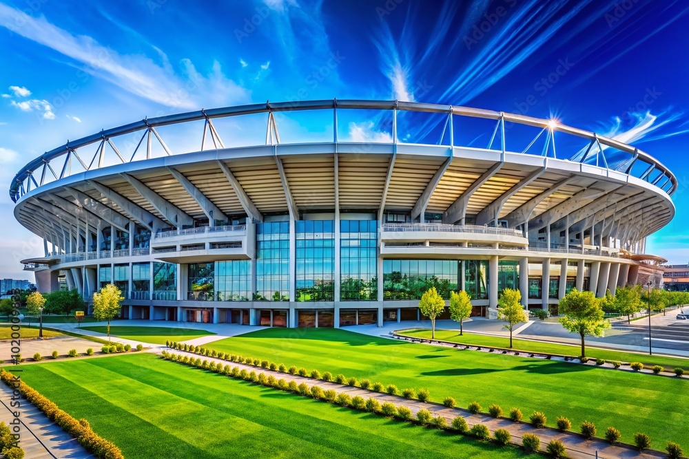 Stunning panoramic view of a modern stadium with vibrant architecture and clear blue sky backdrop Stunning panoramic view of a modern stadium with vibrant architecture and clear blue sky backdrop