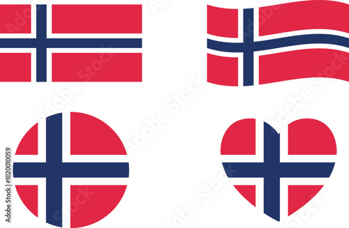 Norway flags set. Circle icon. waving flag. heart shape icon. Various designs	