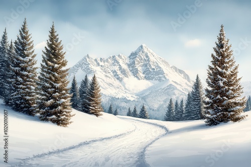 A serene winter landscape showcasing snow-covered mountains and evergreen trees under a soft blue sky