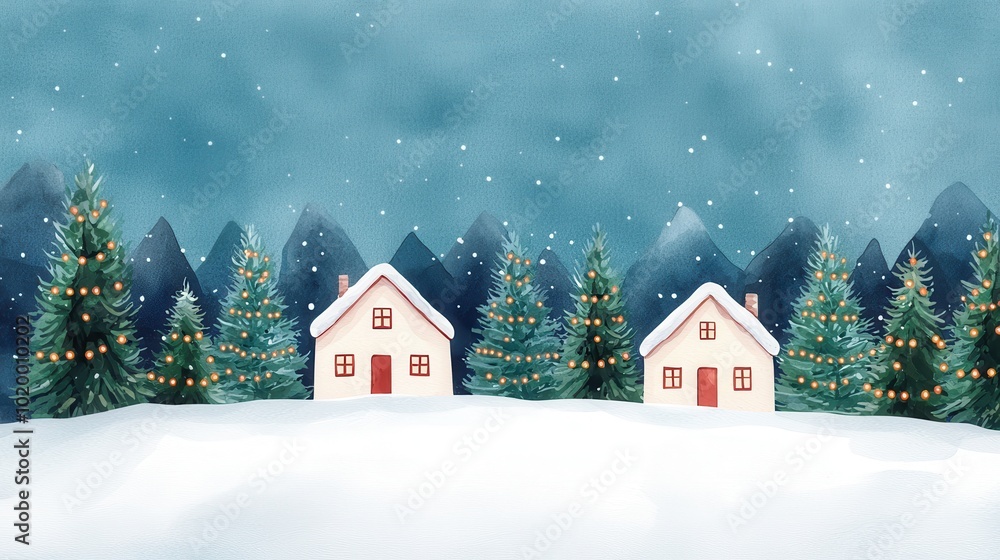 Fototapeta premium A serene winter scene with charming houses, snow-covered landscape, and festive trees under a soft, cloudy sky