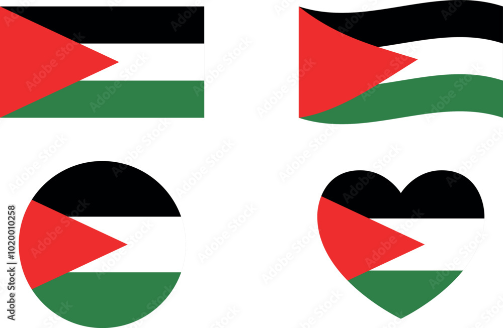 Palestine flags set. Circle icon. waving flag. heart shape icon. Various designs Palestine flags set. Circle icon. waving flag. heart shape icon. Various designs