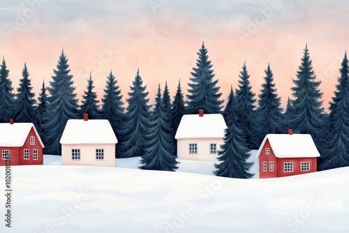 Wallpaper Mural Charming winter scene featuring cozy houses amidst snowy landscape and towering evergreen trees under a pastel sky Torontodigital.ca