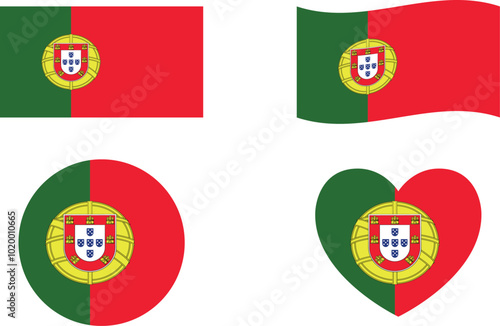 Portugal flags set. Circle icon. waving flag. heart shape icon. Various designs	