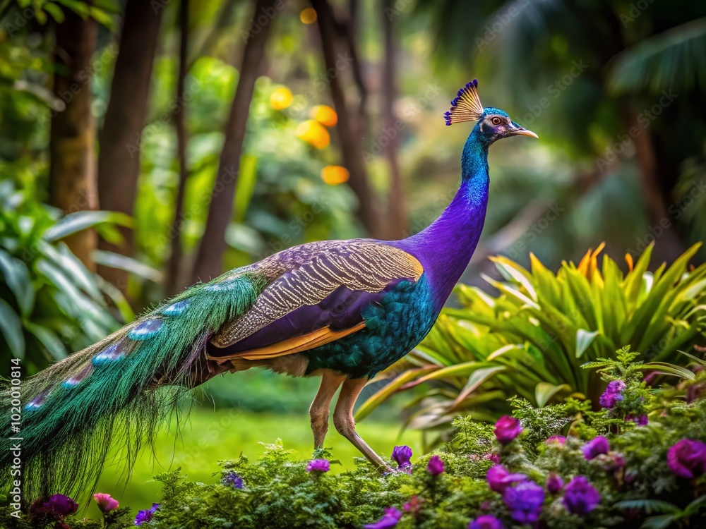 Obraz premium Stunning Purple Peahen Strutting Gracefully in Lush Greenery of Tropical Paradise Wildlife Scene
