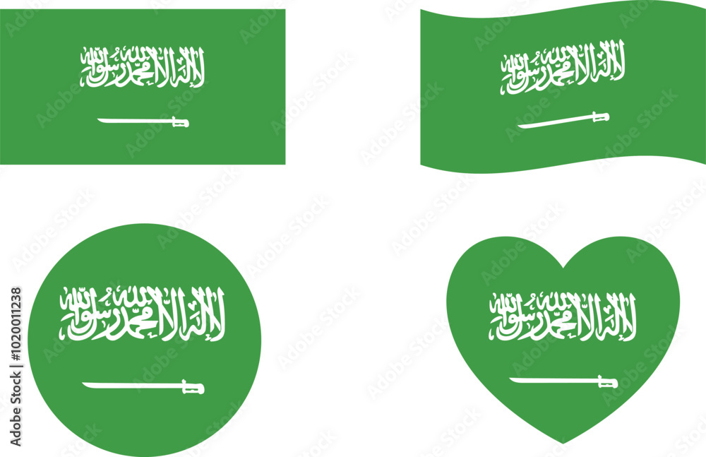 Suadi Arabia flags set. Circle icon. waving flag. heart shape icon. Various designs Suadi Arabia flags set. Circle icon. waving flag. heart shape icon. Various designs