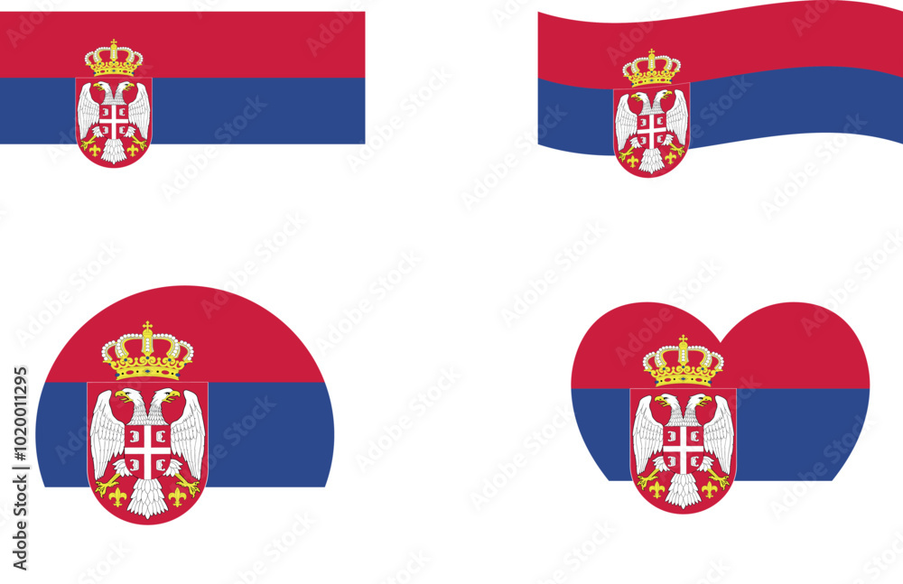 Serbia flags set. Circle icon. waving flag. heart shape icon. Various designs Serbia flags set. Circle icon. waving flag. heart shape icon. Various designs