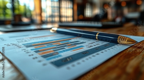 A pen rests on a financial report with colorful graphs and data.