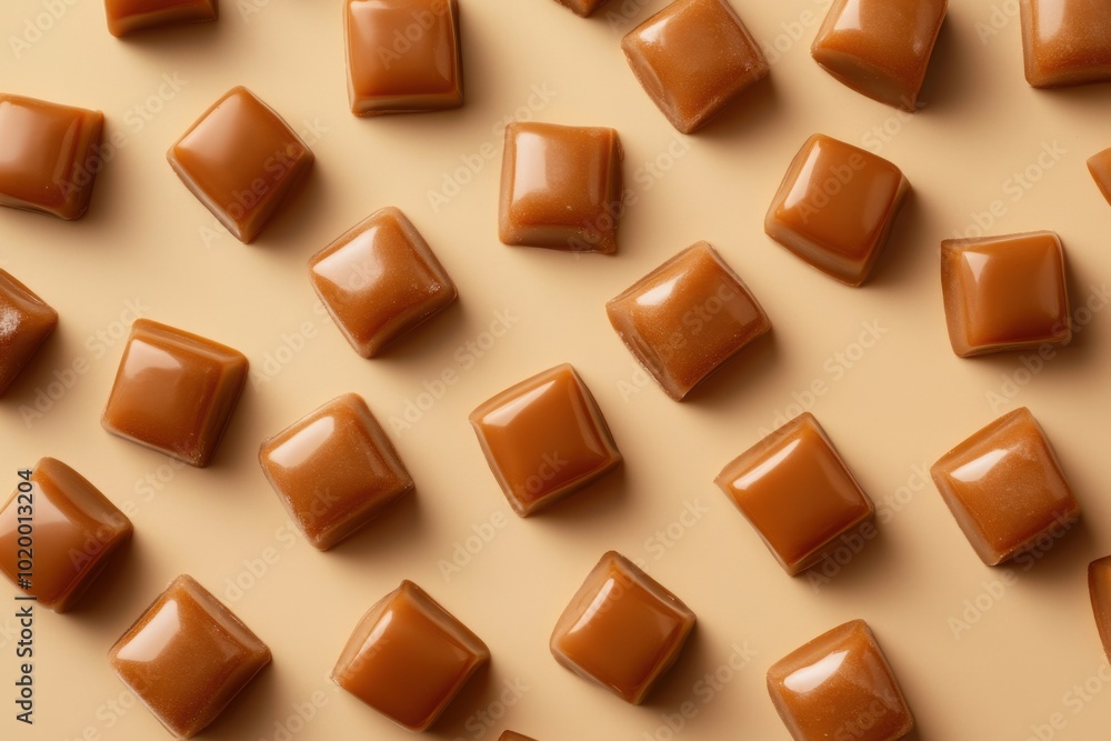 An elegant arrangement of caramel candies on a smooth surface An elegant arrangement of caramel candies on a smooth surface
