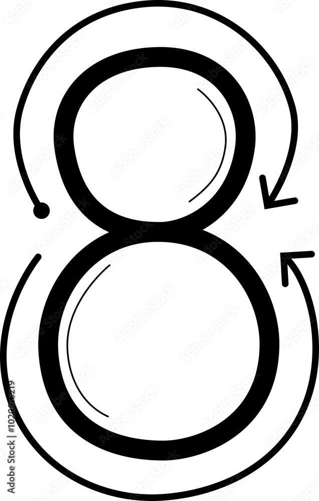 Doodle tracing number 8 with arrow path. Doodle tracing number 8 with arrow path.