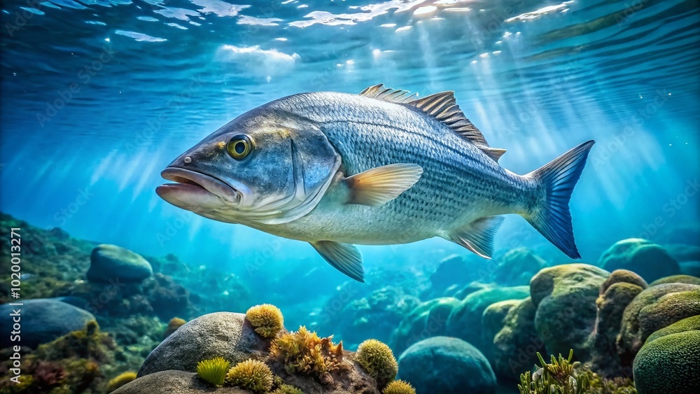 Stunning Silver Bass Swimming Gracefully in Clear Blue Waters of a Vibrant Underwater Ecosystem Stunning Silver Bass Swimming Gracefully in Clear Blue Waters of a Vibrant Underwater Ecosystem