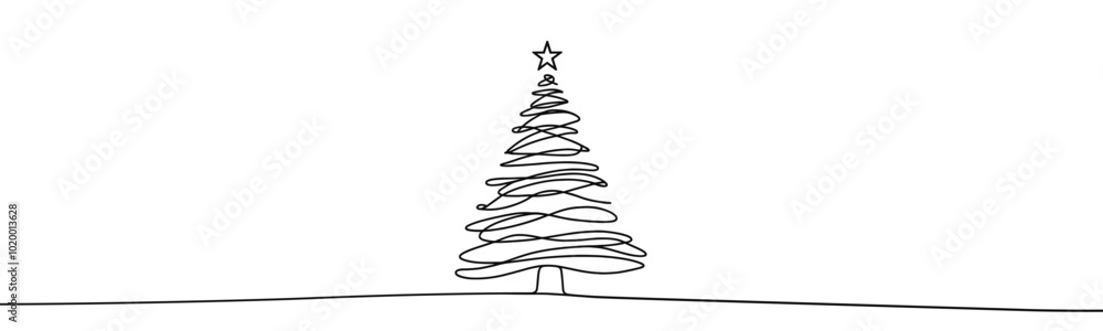 Single continuous line drawing on white background. Christmas tree in minimalistic background Single continuous line drawing on white background. Christmas tree in minimalistic background
