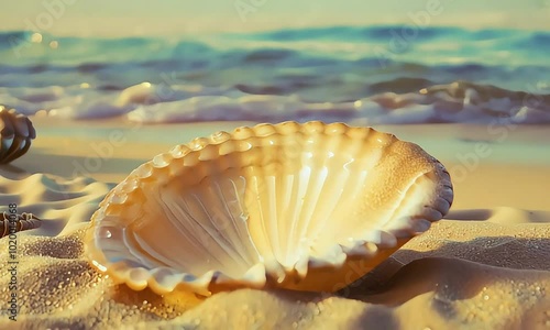A close-up view of a large seashell resting on a sandy beach with the ocean in the background.