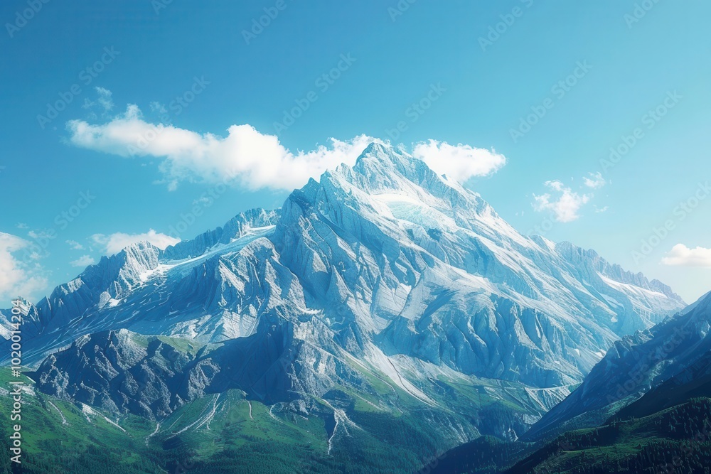 Fototapeta premium Majestic mountain peak under a clear blue sky with lush greenery below.