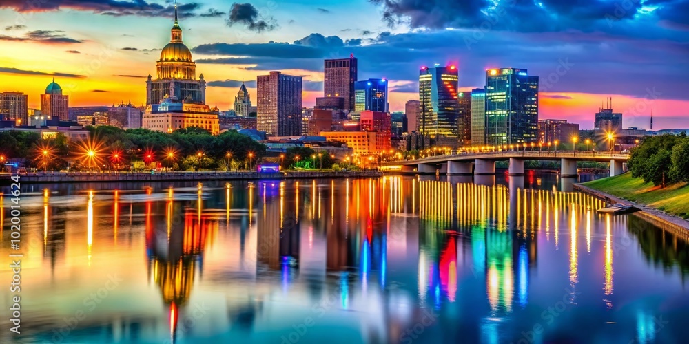 Fototapeta premium Stunning St Paul Minnesota Skyline at Dusk with Colorful Lights Reflecting on the River Water