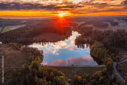 Luftbildaufnahme Frankenteich bei Straßberg im Sonnenuntergang photo