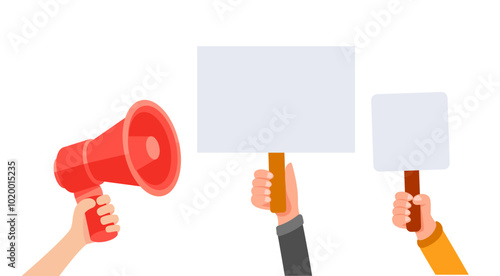 People holding blank protest signs and loudspeaker