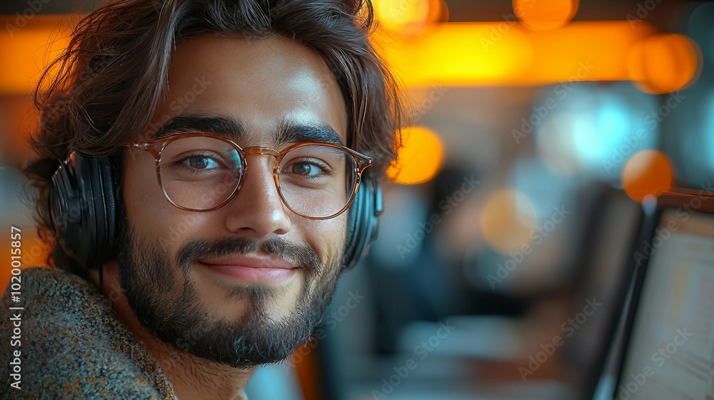 Young Man with Headphones and Glasses Smiling in a Cafe Young Man with Headphones and Glasses Smiling in a Cafe