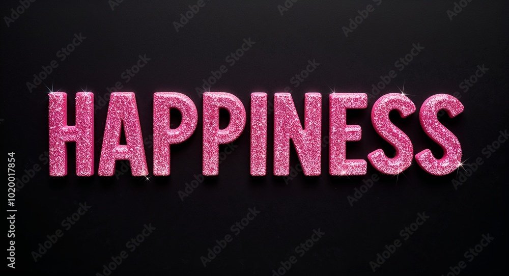 happiness pink glittery shiny sparkling lettering on plain black background happiness pink glittery shiny sparkling lettering on plain black background