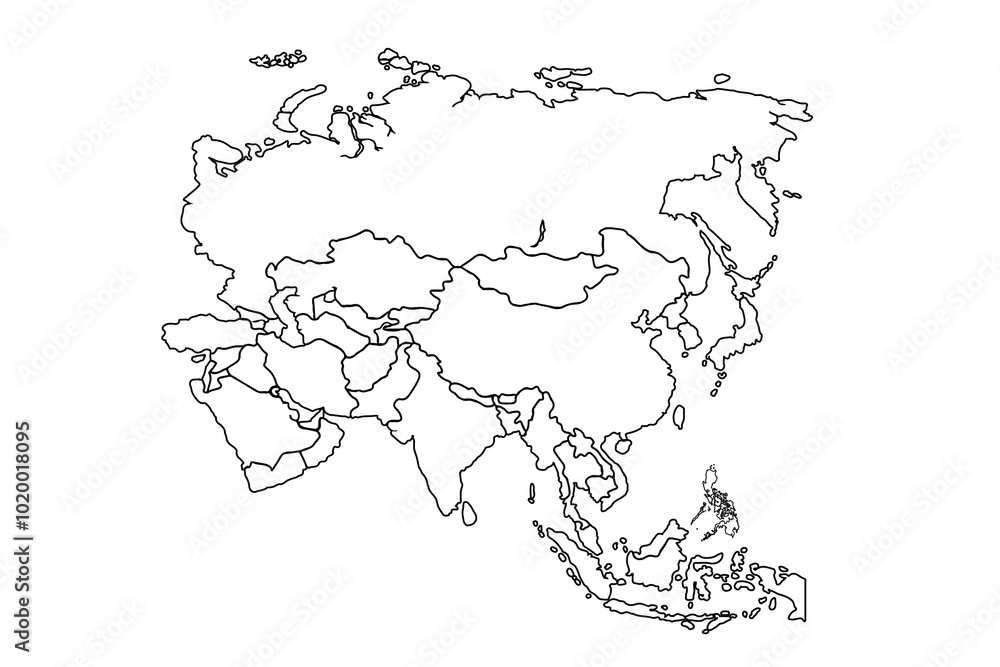 Fototapeta premium Asia map outline isolated on white background. Asia map outline template. Asia map outline vector illustration. world map outline, linear doodle illustration
