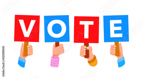 People holding vote cards making important decision on white background