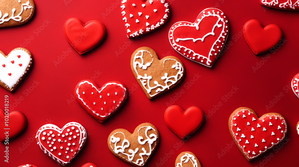 Heart-shaped cookies with sugar icing on red table. Valentines Day, Christmas, breakfast for loving. Heart-shaped cookies with sugar icing on red table. Valentines Day, Christmas, breakfast for loving.