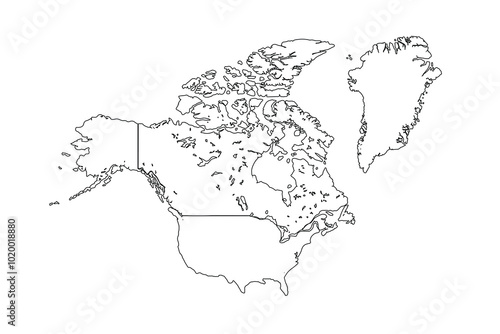 North America map outline isolated on white background. North America map outline template. North America map outline vector illustration. world map outline, linear doodle illustration