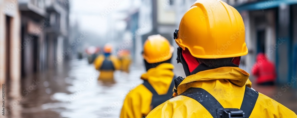 Obraz premium Rescue workers in yellow gear navigating a flooded urban area.