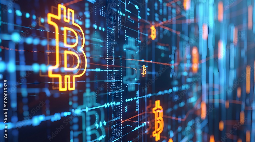 Obraz premium Global digital blockchain network with flowing information and binary code data cells - 3D illustration of distributed ledger and data exchange