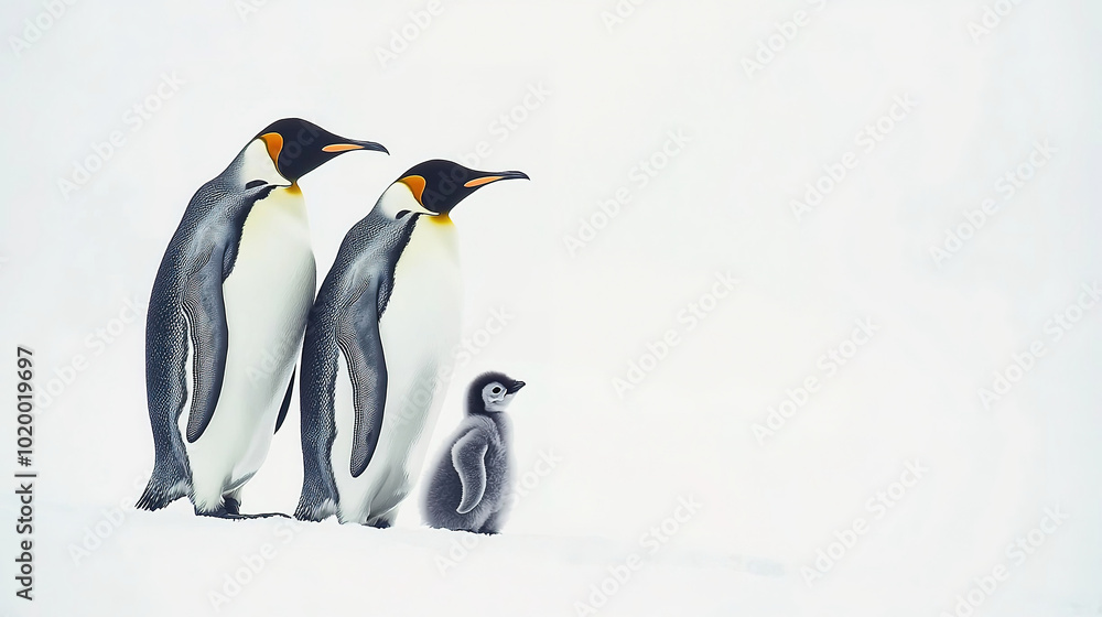 Fototapeta premium A family of yellow-eyed penguins standing together on the snow-covered surface, with one baby chick in between them. The scene is set against an icy white background, emphasizing their elegant black a