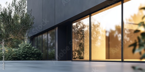 Wallpaper Mural Modern architecture with sleek glass windows and lush greenery in the foreground. Torontodigital.ca