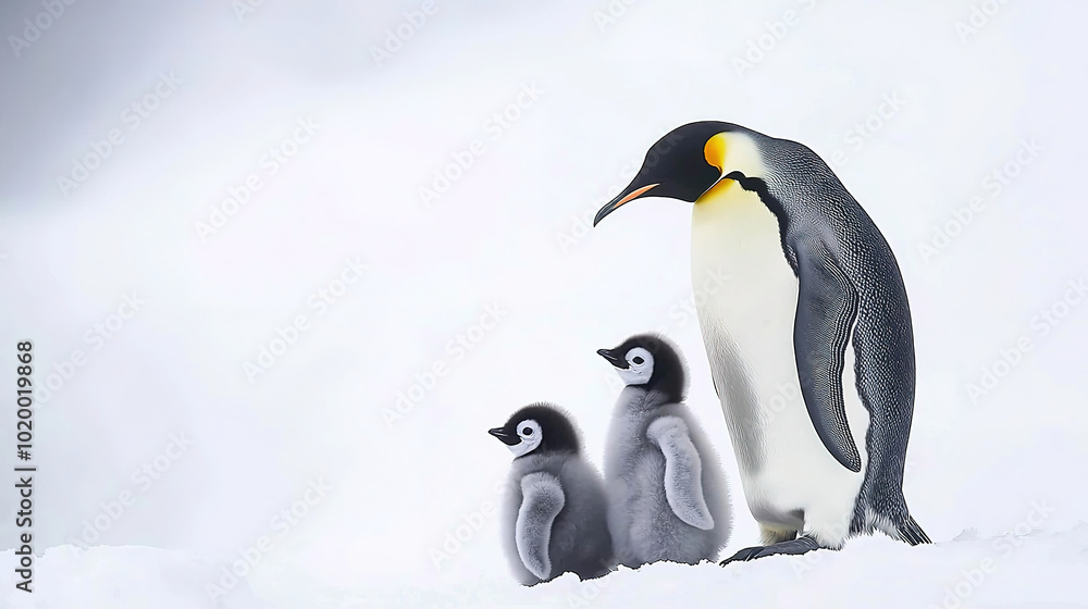 Naklejka premium A family of yellow-eyed penguins standing together on the snow-covered surface, with one baby chick in between them. The scene is set against an icy white background, emphasizing their elegant black a