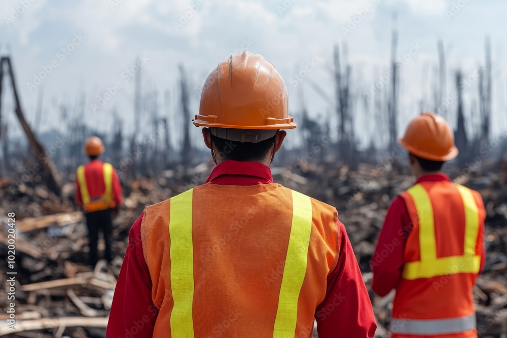 Workers observing deforestation, environmental impact and destruction. Workers observing deforestation, environmental impact and destruction.