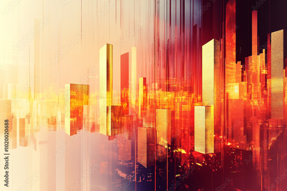 A cityscape with tall buildings and a bright orange sky A cityscape with tall buildings and a bright orange sky