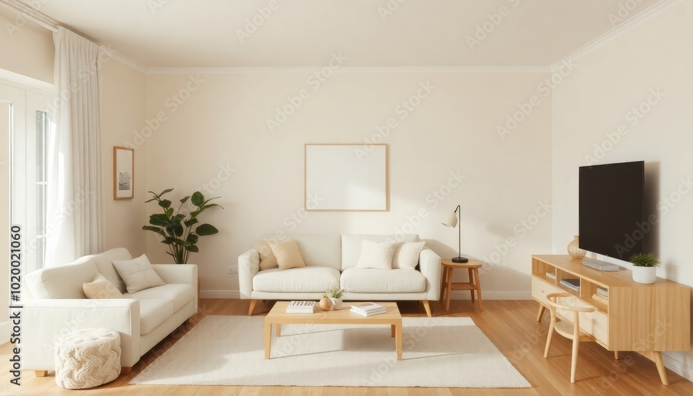 Living room with Scandinavian influences and a minimalist aesthetic, featuring soft beige walls, a plush white sofa, and light wood furniture. The decor is kept simple and functional. Living room with Scandinavian influences and a minimalist aesthetic, featuring soft beige walls, a plush white sofa, and light wood furniture. The decor is kept simple and functional.