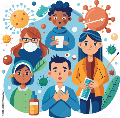 people caught cold fever sneeze vector illustration graphic design