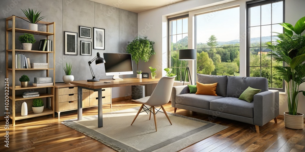 Fototapeta premium Chic living room layout enhances modern home office experience, showcasing a sleek desktop computer. This configuration promotes productivity and stylish comfort for daily tasks.
