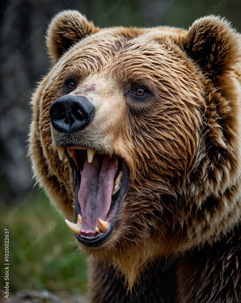 A close-up of a wet-furred brown bear, thick brown fur A close-up of a wet-furred brown bear, thick brown fur